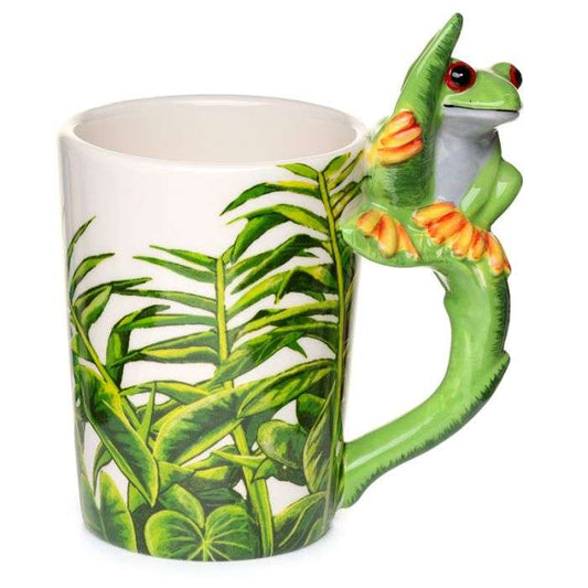 Mug with a green frog handle on a white background