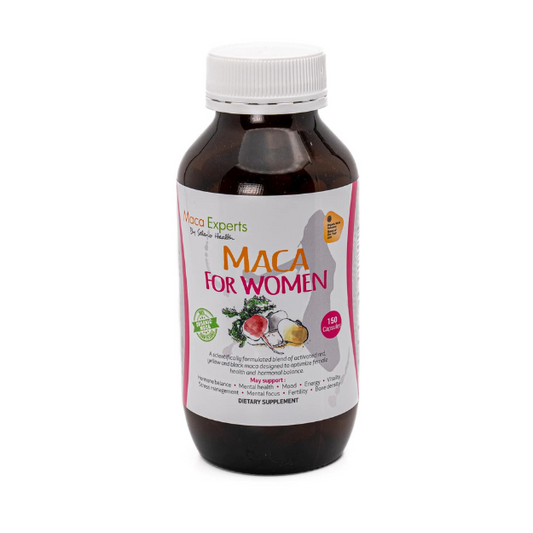 Maca for Women 150 Caps Maca for women is a scientific blend of red, yellow, and black Maca in ideal ratios to balance female hormones and health.  Ratios of maca colours are determined by analysis of macamide concentrations of the raw ingredients to create a macamide mixture ideal for female hormonal health. Every batch is standardized to ensure macamide potency.