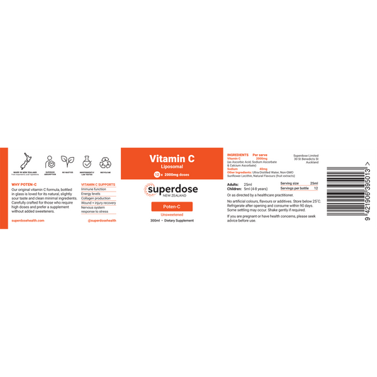 What is liposomal Superdose Vitamin C drink?

It is a superdose Vitamin-C in a glass bottle without any nasty fillers or additives. Liposomal Vitamin C is more easily absorbed and more effectively utilised by the body. This formula uses non-GMO sunflower lecithin to provide healthy fats and a delivery system that is easy on digestion. Each dose provides 2000 mg of Vitamin C.
1st Stop, Marshall's Health Shop!