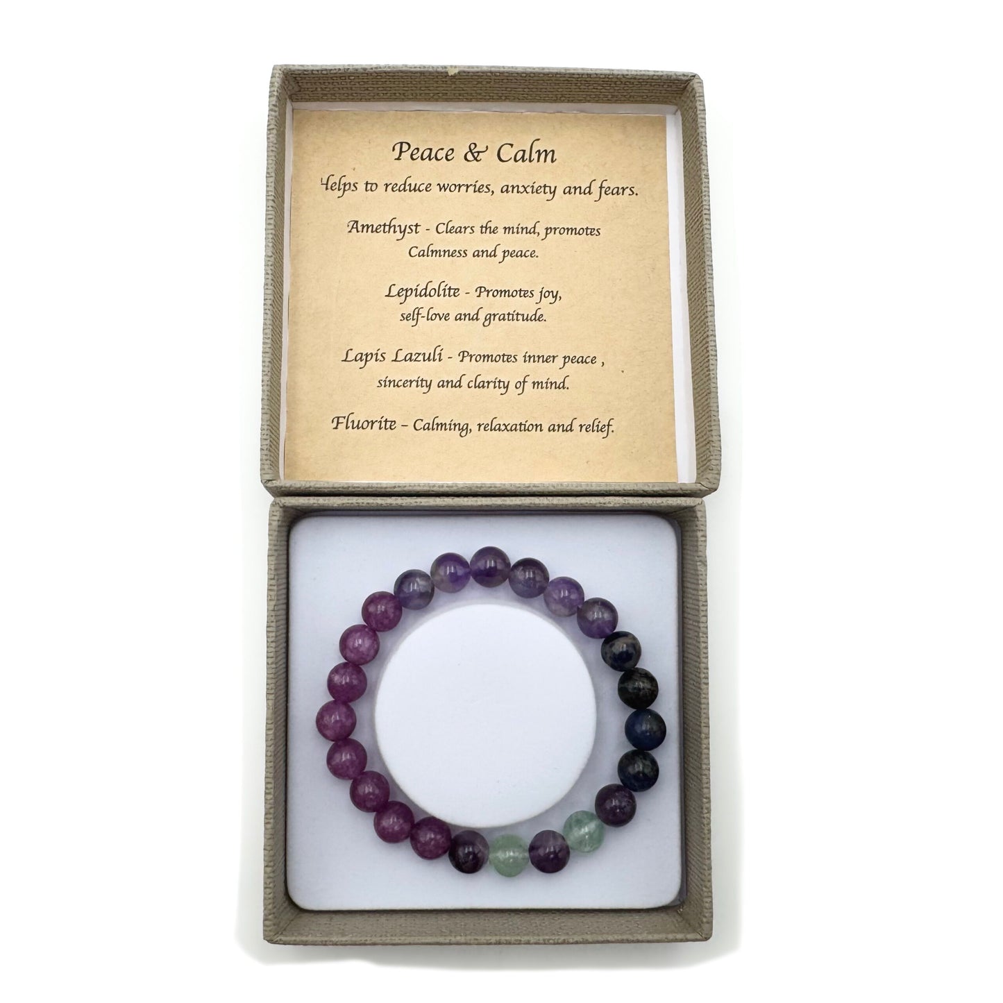Peaceful Mind Bracelet

Size: 8MM; With Amethyst, Fluorite, Lepidolite, Lapis.

1st Stop, Marshall's Health Shop, Gift Shop!

SKU: TB1