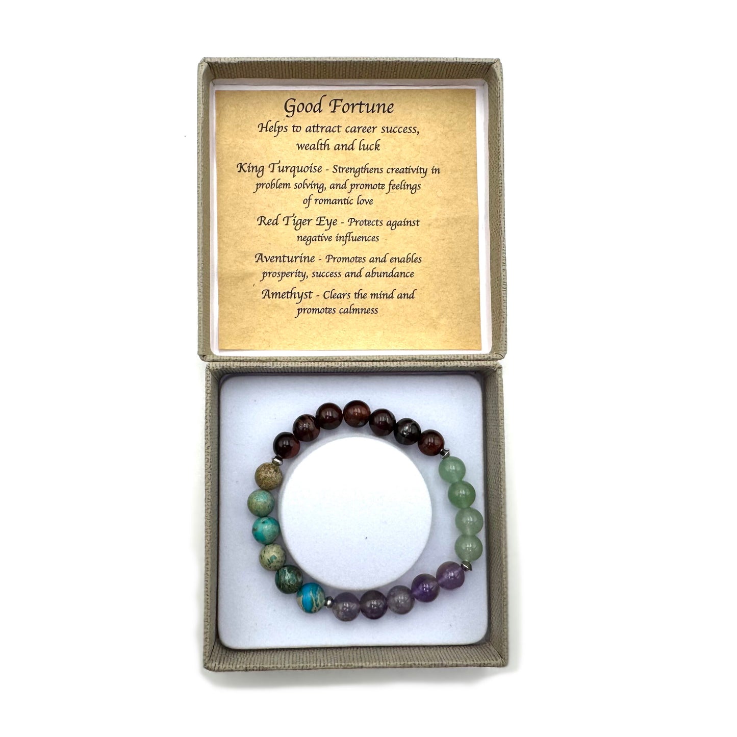 Good Fortune Bracelet

Size: 8MM; With King Turquoise, Red Tiger Eye, Aventurine, Amethyst

1st Stop, Marshall's Health Shop, Gift Shop!

SKU: TB10