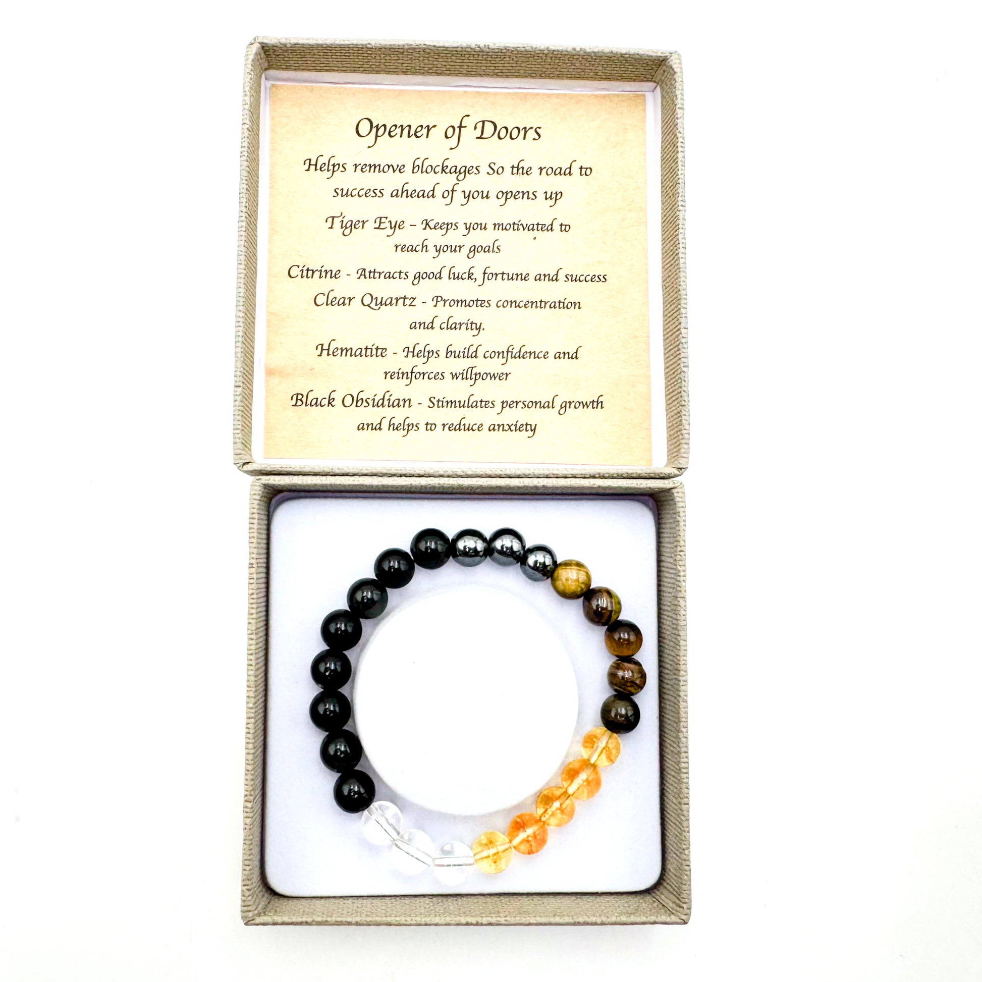 Unblocker Road Opener Bracelet

Size: 8MM; With Tiger Eye, Citrine, Clear Quartz, Hematite, Black Obsidian

1st Stop, Marshall's Health Shop, Gift Shop!

SKU: TB2