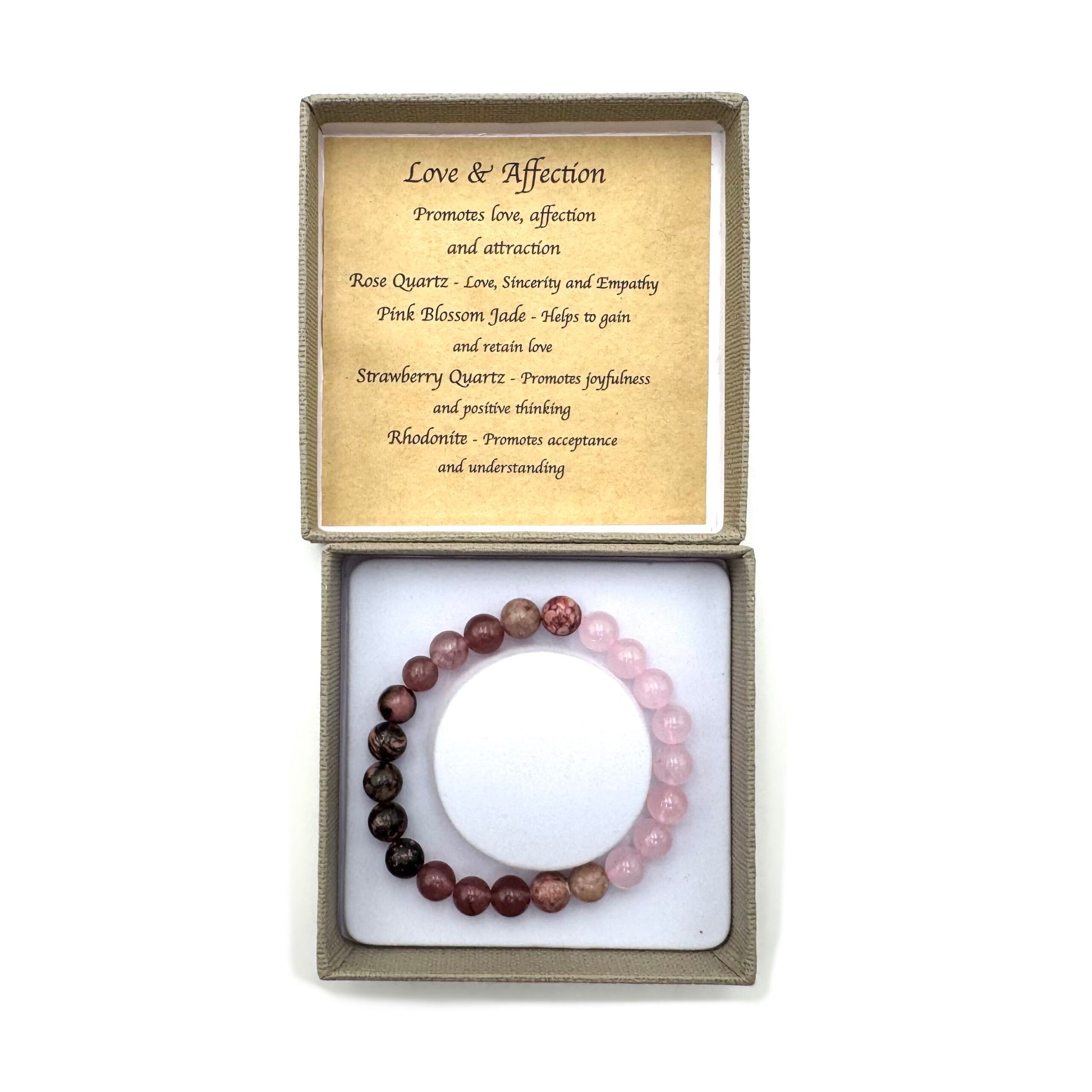 Love and Affection Bracelet

Size: 8MM; With Rose Quartz/, Pink Blossom Jade, Strawberry Quartz, Rhodonite

1st Stop, Marshall's Health Shop, Gift Shop!

SKU: TB6