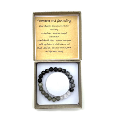 Protection &amp; Grounding Bracelet

Size: 8MM; With Clear Quartz, Labradorite, Snowflake Obsidian, Back Obsidian

1st Stop, Marshall's Health Shop, Gift Shop!

SKU: TB7
