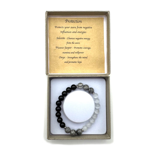 Protection Bracelet

Size: 8MM; With Selenite, Picasso Jasper, Onyx

1st Stop, Marshall's Health Shop, Gift Shop!

SKU: TB9
