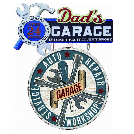 Decorative sign for a garage with tools and text on a white background