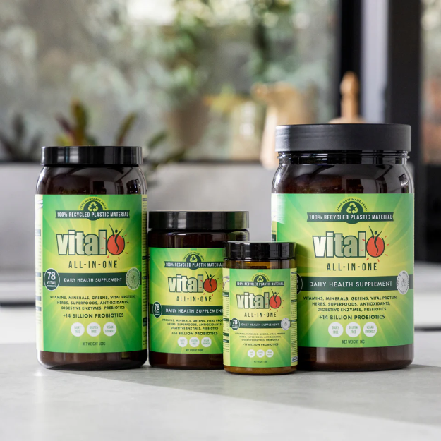 Vital All-In-One Daily Health Supplement 1st Stop, Marshall's Health Shop!  Vital Greens, now named Vital All-In-One, was the first product developed under the Vital Brand in early 2000. The formula is an easily absorbed, carefully balanced powder blend of 78 essential nutrients designed to help give your body everything it needs in a day!