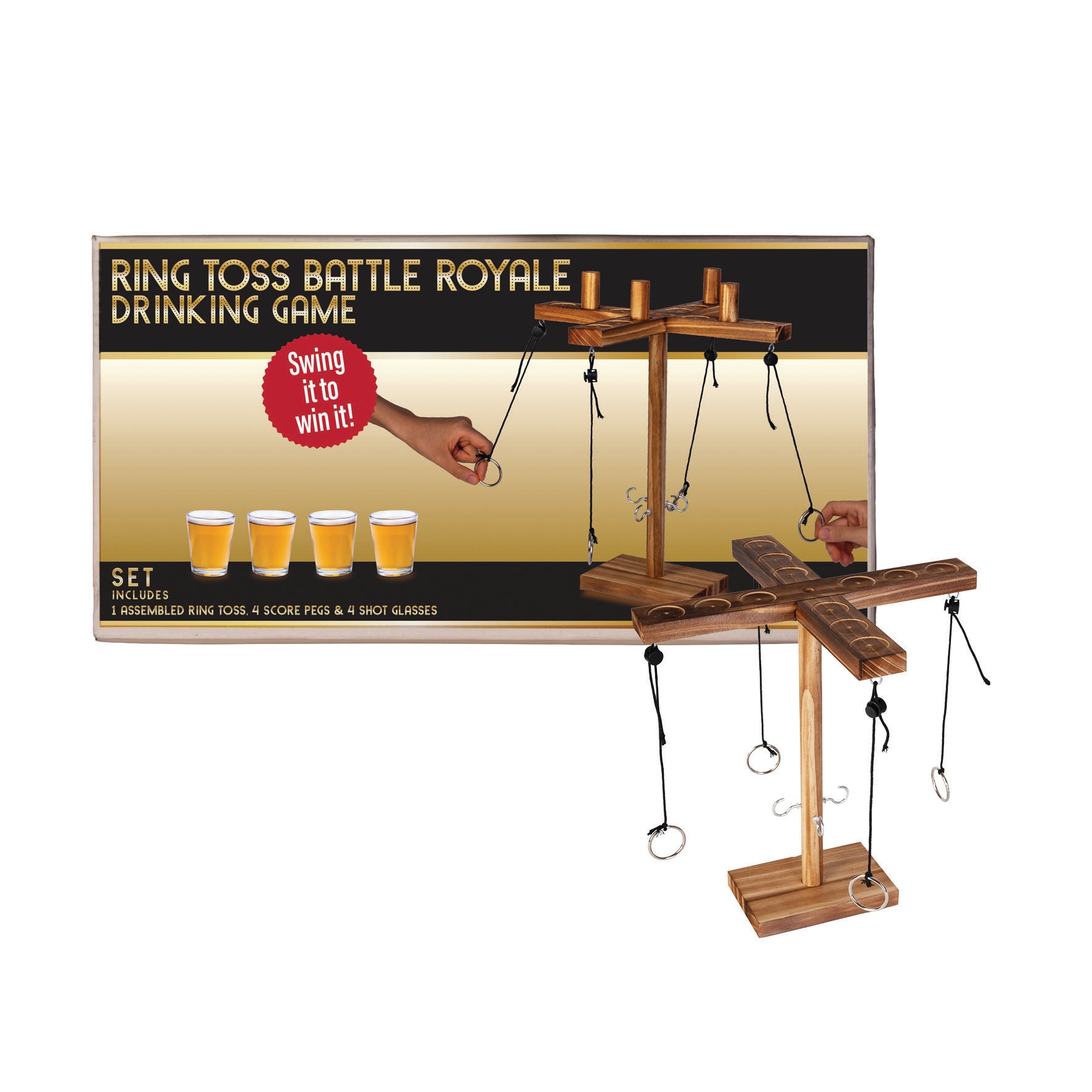 Wooden ring toss game with packaging featuring beer glasses and text on a white background
