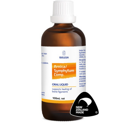 Weleda Arnica/Symphytum Comp. 1st Stop, Marshall's Health Shop!  Naturally helps heal injuries to bone, cartilage, ligaments and muscles e.g. sports injuries, sprains, surgery, tendinitis, RSI (OOS) and broken bones  HEALTH BENEFITS:  Oral Liquid. Classical Homoeopathic Product