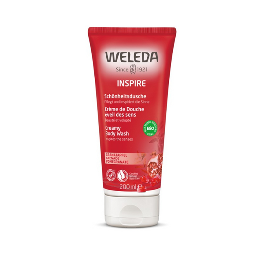 Weleda Inspire Creamy Body Wash – Pomegranate 200ml 1st Stop, Marshall's Health Shop!  Gentle all-natural creamy wash to inspire your senses  Your inner beauty made visible with a perfect balance of natural cleansing and sensuous fragrance. Step out of your shower with skin that's clean, renewed and soft to touch, with organic pomegranate seed oil.