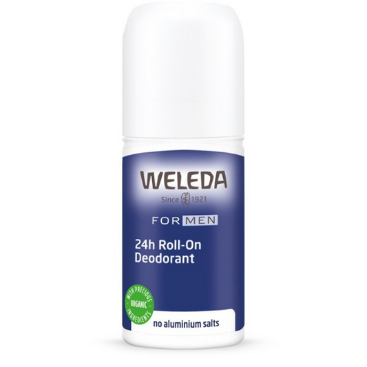 Weleda Men 24h Roll-On Deodorant 1st Stop, Marshall's Health Shop!  Weleda Men 24h Roll-On Deodorant is very straightforward: 24h reliable protection, no aluminium salts, no blocking of pores, natural functions are maintained. The easy to use roll-on has a masculine yet refined scent. Woody herbal notes of rosemary combined with invigorating freshness of litsea cubeba and vetiver essential oils, makes this deodorant a good choice for him.  