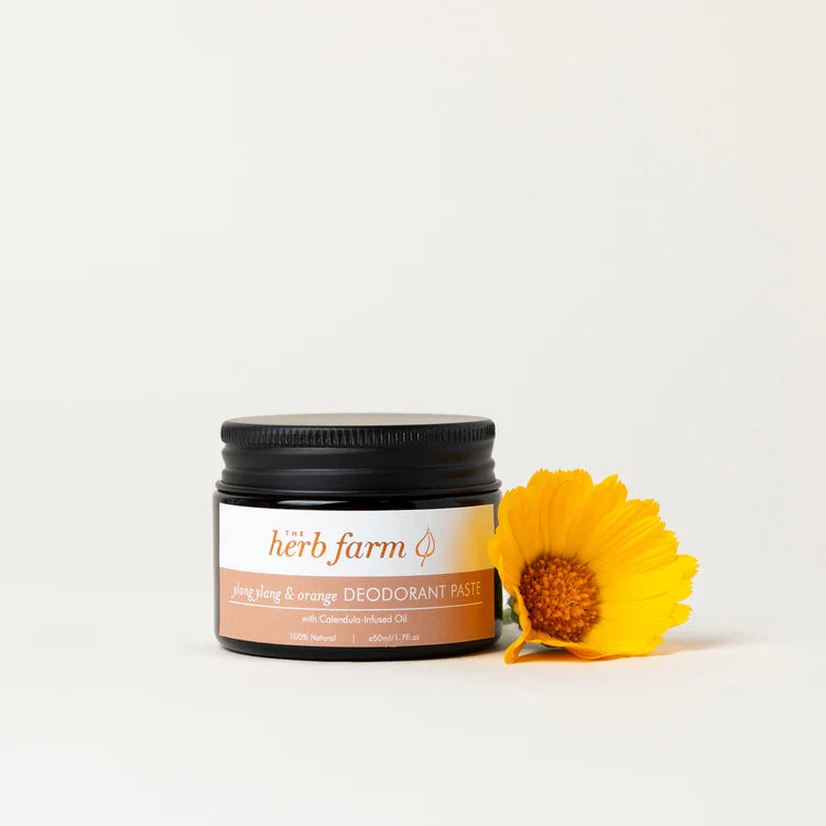 The Herb Farm Ylang Ylang &amp; Orange Deodorant Paste

Our Ylang Ylang &amp; Orange Deodorant Cream works to absorb moisture and prevent odour-causing bacteria while soothing and nourishing the skin.

Tapioca Starch and Sodium Bicarbonate work to absorb and trap excess moisture preventing odour and wetness.

Our Calendula Oil helps to prevent irritation and soothe your underarm skin.

Ylang Ylang Essential Oil provides anti-inflammatory and deodorising properties and is combined with the powerful antibacte