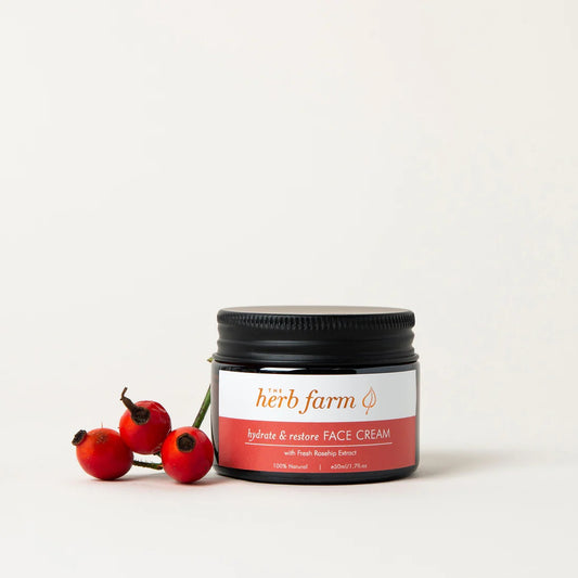 The Herb Farm Hydrate &amp; Restore Face Cream

Our Hydrate &amp; Restore Face Cream is a rich, hydrating moisturiser formulated for dry, damaged or dull skin. Rejuvenating botanicals work synergistically to reduce pigmentation, age spots and blemishes while restoring your skin to a natural radiance. Helps to support dry skin, uneven skin tone and pigmentation that can be brought about by hormonal imbalance and menopause.

Our&nbsp;Rosehip Extract&nbsp;combines with nourishing Rosehip Oil to deliver a high-