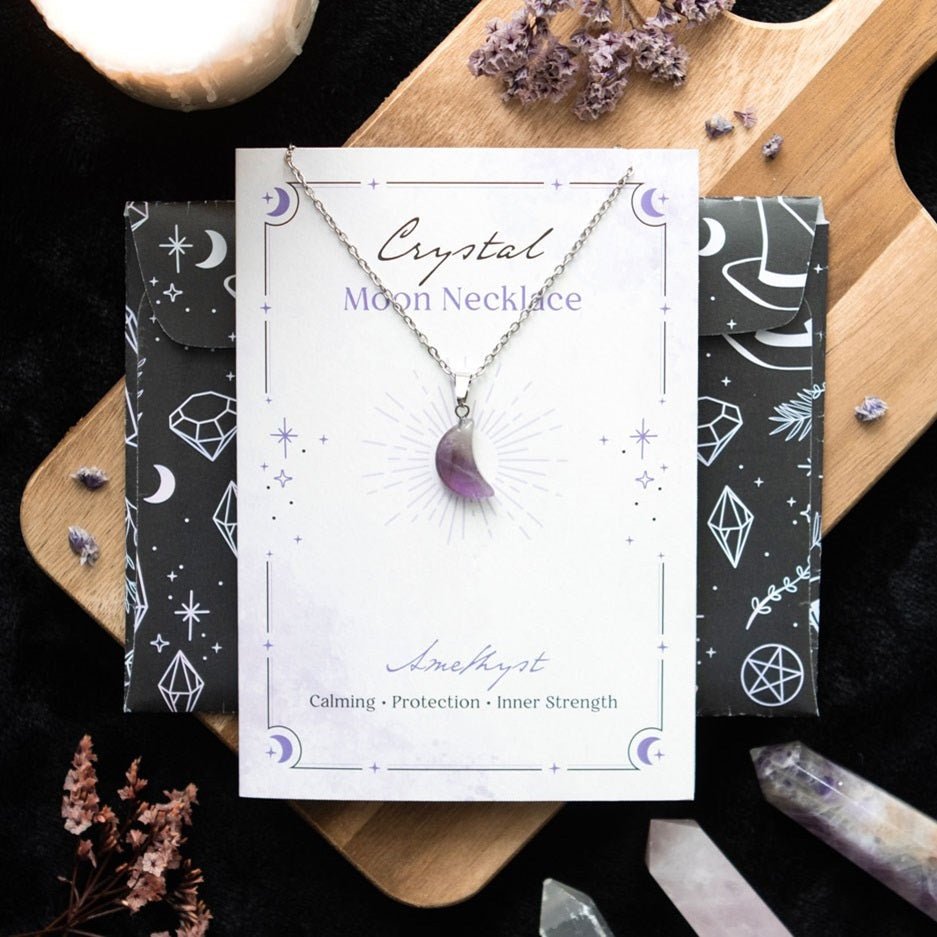 Amethyst Crystal Moon Necklace on Greeting Card - MarshallsHealthShop