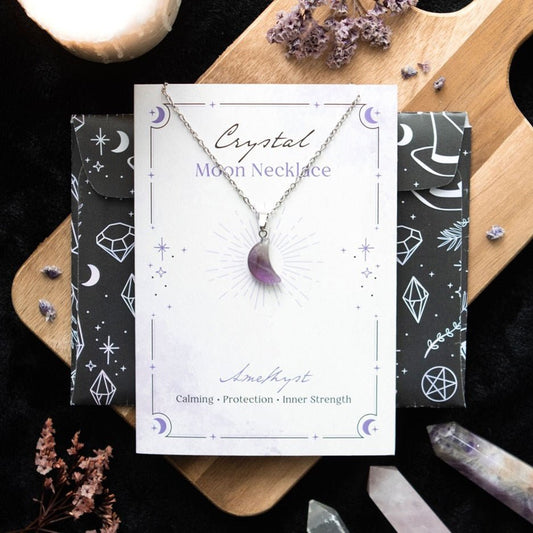 Amethyst Crystal Moon Necklace on Greeting Card - MarshallsHealthShop