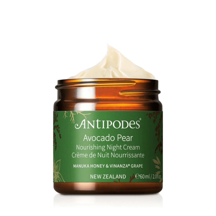 Antipodes Avocado Pear Nourishing Night Cream 60ml 1st Stop, Marshall's Health Shop!  Collagen-boosting avocado oil combines with Vinanza® Grape, an antioxidant-rich extract from Marlborough sauvignon blanc grape seeds, to nurture skin that looks and feels more youthful. Native New Zealand manuka honey draws moisture to your skin to help reveal an ageless visage.