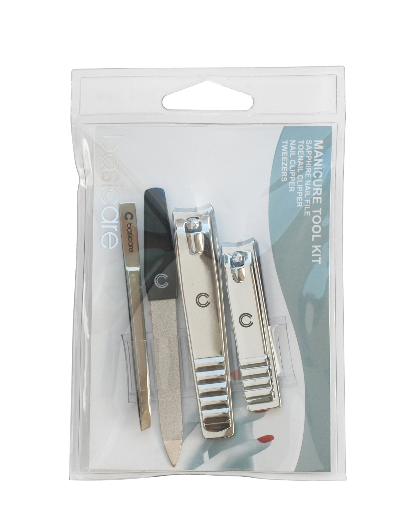 Basicare Manicure Set 4 Piece Nail Clipper, Tweezers, Toenial Clipper & Sapphire Nail File - MarshallsHealthShop