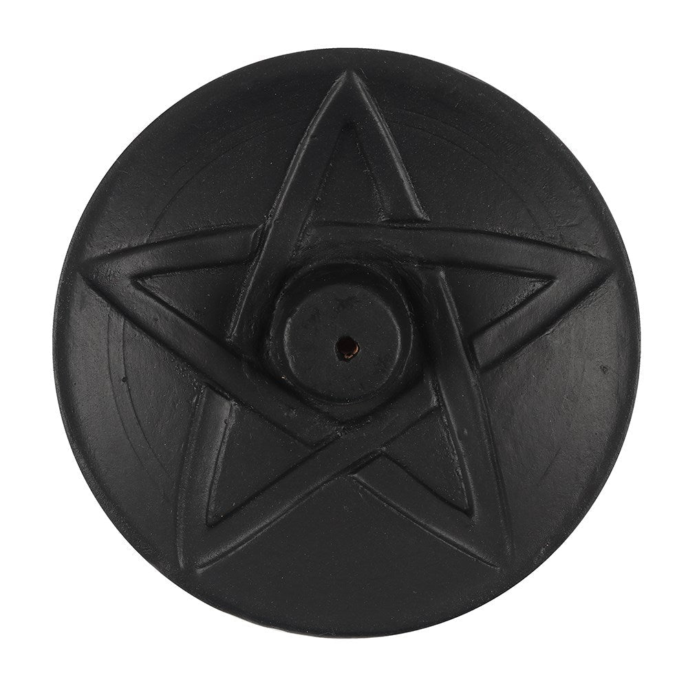 Black Pentagram Terracotta Incense Plate&nbsp;
H:2 x W:9 x D:9 cm This striking terracotta incense stick holder plate features a black pentagram design. Perfect in size for placing on a sacred altar or sunny windowsill.

1st Stop, Marshall's Health Shop, Gift Shop!
SKU: SDIN74230