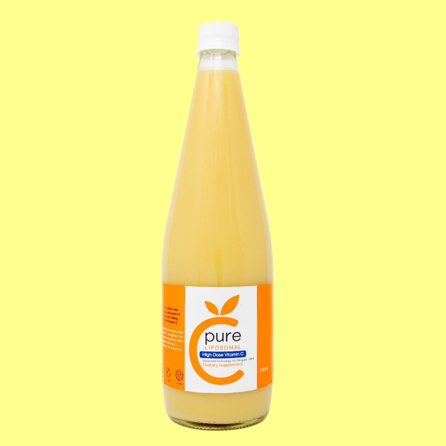 A bottle of C-Pure High Dose Liposomal Vitamin C with a yellow label on a yellow background.