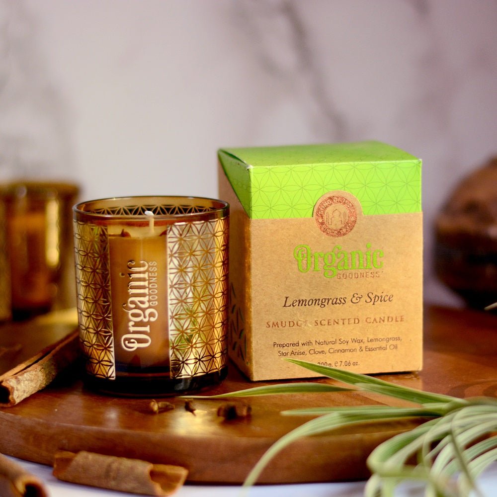 Candle Lemongrass &amp; Spice 200gm Organic Goodness
200 gram 50 hour burn time Smudge Scented Candle in gold foil glass prepared with natural soy wax, Lemongrass, Star Anise, Clove, Cinnamon, essential oils &amp; pure cotton wick. A purchase helps support over 10,000 families in India. It also helps support kids who are very poor by providing schooling. 1st Stop, Marshall's Health Shop, Gift Shop!