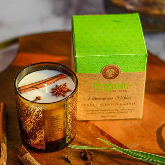 Candle Lemongrass &amp; Spice 200gm Organic Goodness
200 gram 50 hour burn time Smudge Scented Candle in gold foil glass prepared with natural soy wax, Lemongrass, Star Anise, Clove, Cinnamon, essential oils &amp; pure cotton wick. A purchase helps support over 10,000 families in India. It also helps support kids who are very poor by providing schooling. 1st Stop, Marshall's Health Shop, Gift Shop!