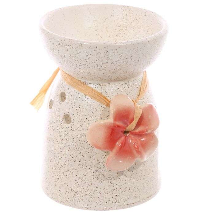 Ceramic Oil and Wax Burner Speckled Cream with Flower - MarshallsHealthShop