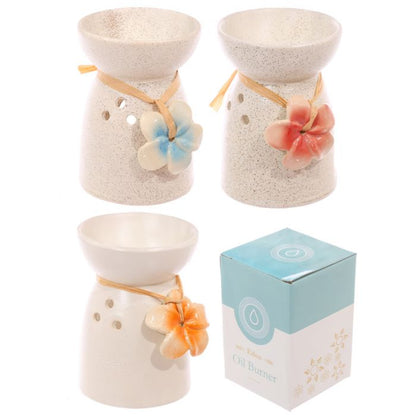Ceramic Oil and Wax Burner Speckled Cream with Flower - MarshallsHealthShop