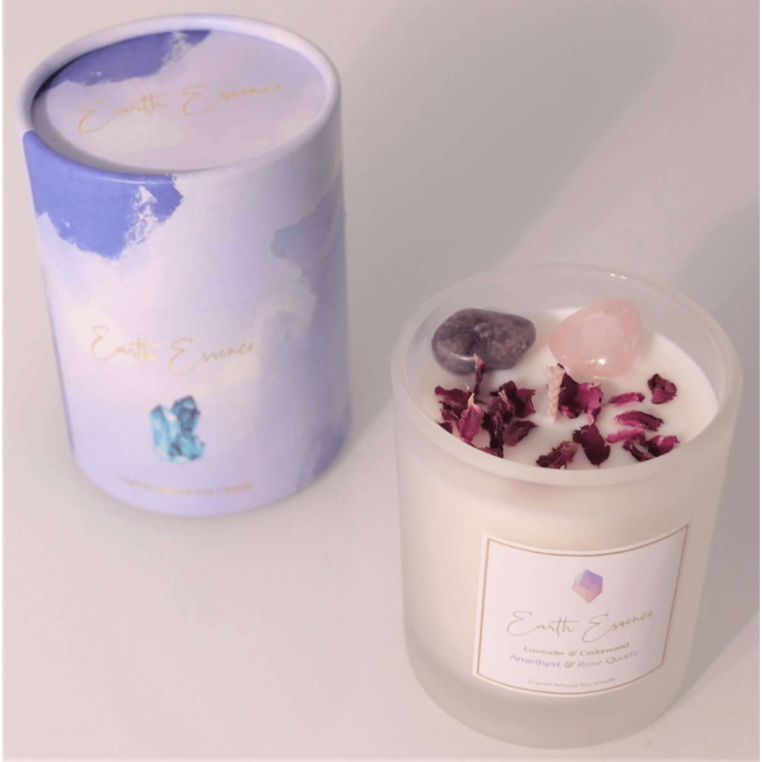 Crystal Soy Wax Candle Amethyst, Lavender, Cedarwood and Rose Petals  Comes with Amethyst, Lavender, Cedarwood and Rose Petals Natural Soy Wax.  40 hours burn time. 8×9.3cm with 200g wax.  SKU: CA12