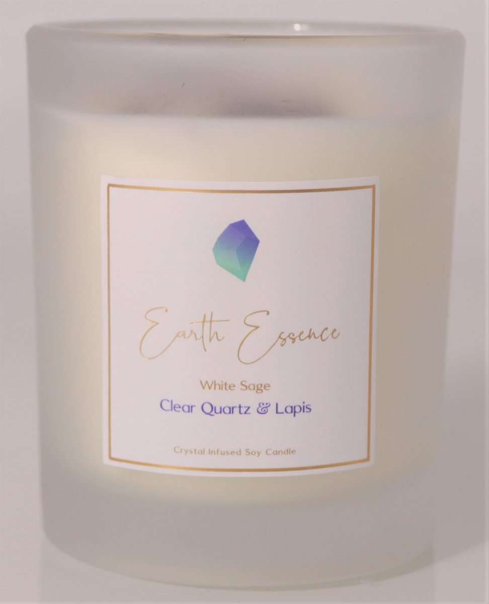 Crystal Soy Wax Candle White Sage, Clear Quartz and Lapis  Comes with White Sage, Clear Quartz and Lapis Natural Soy Wax.  40 hours burn time. 8×9.3cm with 200g wax.  SKU: CA9