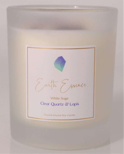 Crystal Soy Wax Candle White Sage, Clear Quartz and Lapis  Comes with White Sage, Clear Quartz and Lapis Natural Soy Wax.  40 hours burn time. 8×9.3cm with 200g wax.  SKU: CA9