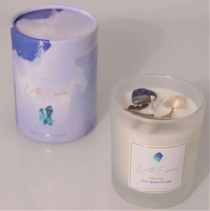 Crystal Soy Wax Candle White Sage, Clear Quartz and Lapis  Comes with White Sage, Clear Quartz and Lapis Natural Soy Wax.  40 hours burn time. 8×9.3cm with 200g wax.  SKU: CA9