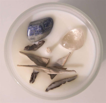 Crystal Soy Wax Candle White Sage, Clear Quartz and Lapis  Comes with White Sage, Clear Quartz and Lapis Natural Soy Wax.  40 hours burn time. 8×9.3cm with 200g wax.  SKU: CA9