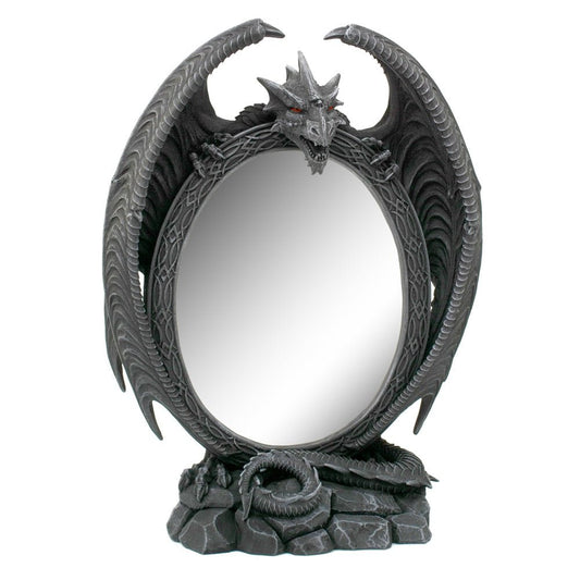 Dragon Mirror&nbsp;
H:22.5 x W:10.5 x D:30 cm - This mirror will add to your collection and give you a magical feel every time you look into it. Cast in the finest resin before being hand-painted, this enchanting piece would look great in anyone's Fantasy collection.

1st Stop, Marshall's Health Shop, Gift Shop!
SKU: MSC6815