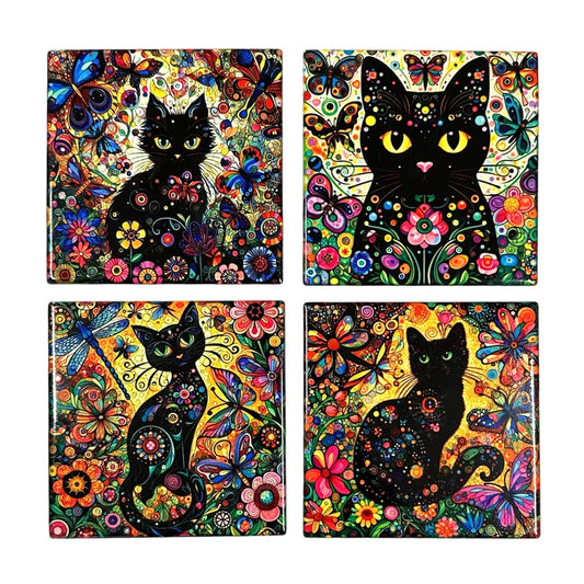 Ceramic Coaster Floral Cat (Set 4)