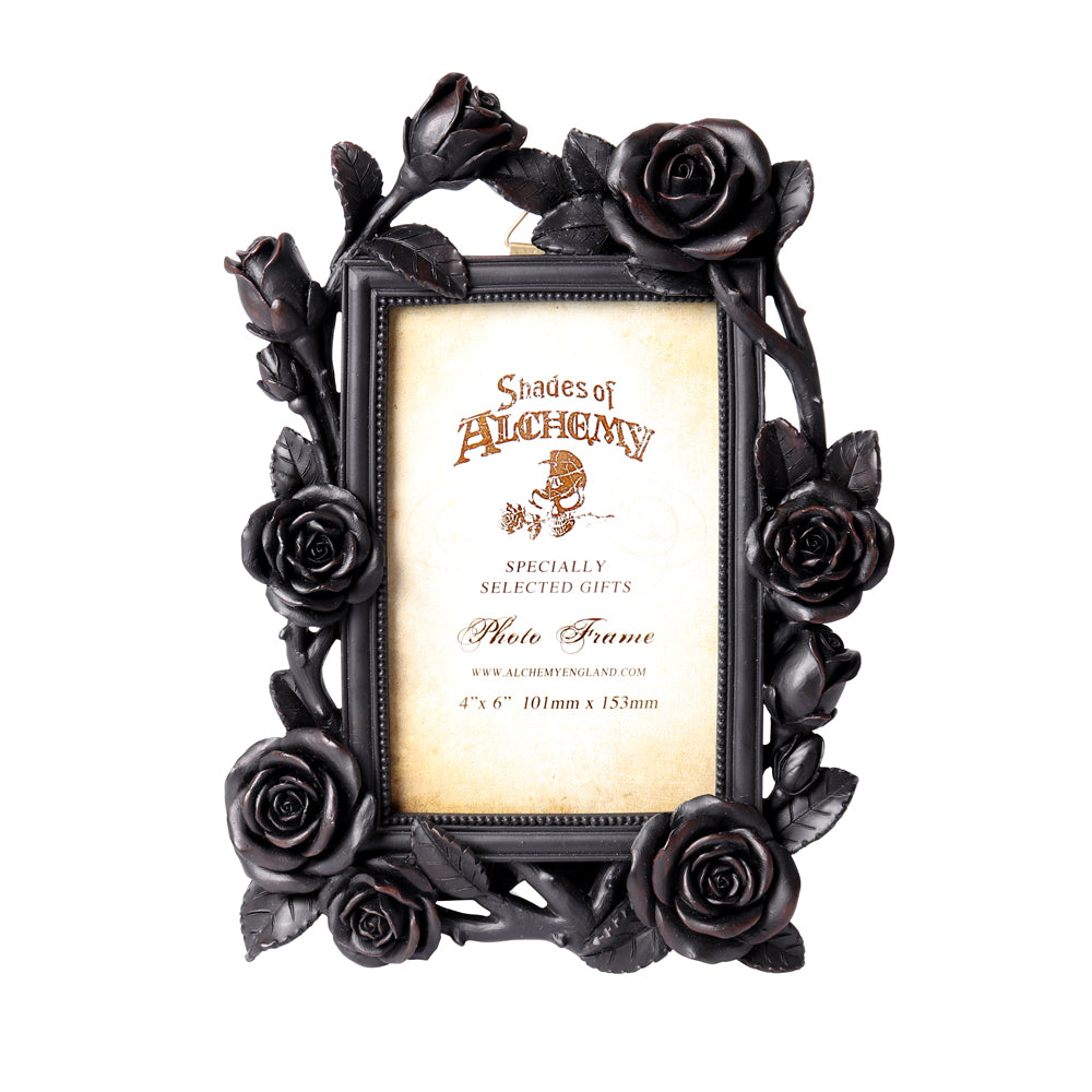 Alchemy Rose &amp; Vine Photo Frame Black

A beautiful decorative entwined rose and vine photo frame. To perfectly display a favourite memory or image of a cherished one.

Product Description:
Rose &amp; Vine photo Frame. To fit 6×4″ image. Matte black finished resin frame, with glass front. This frame can be free standing or wall mounted.
1st Stop, Marshall's Health Shop, Gift Shop!