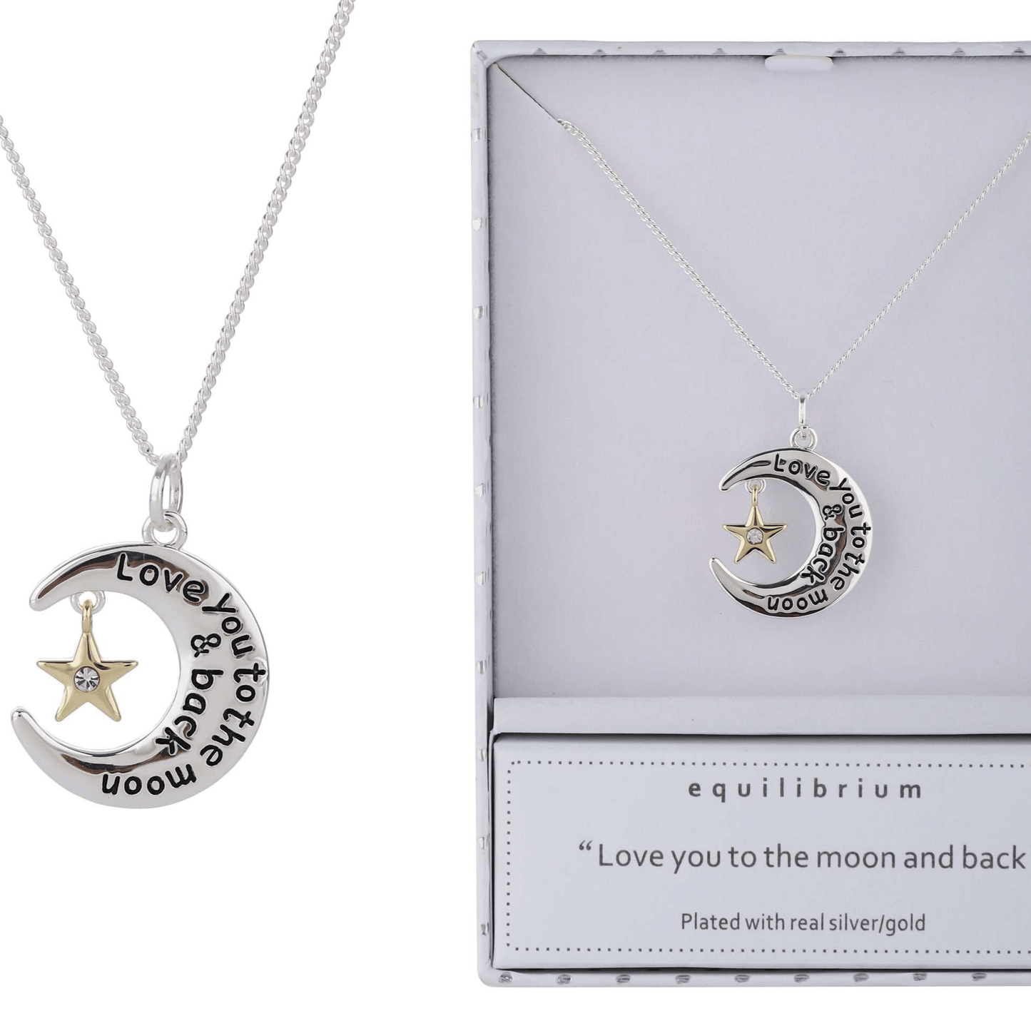 Equilibrium Moon Necklace Silver &amp; Gold

Plated with Real Silver &amp; Gold

1st Stop, Marshall's Health Shop, Gift Shop!

SKU: EQ9
