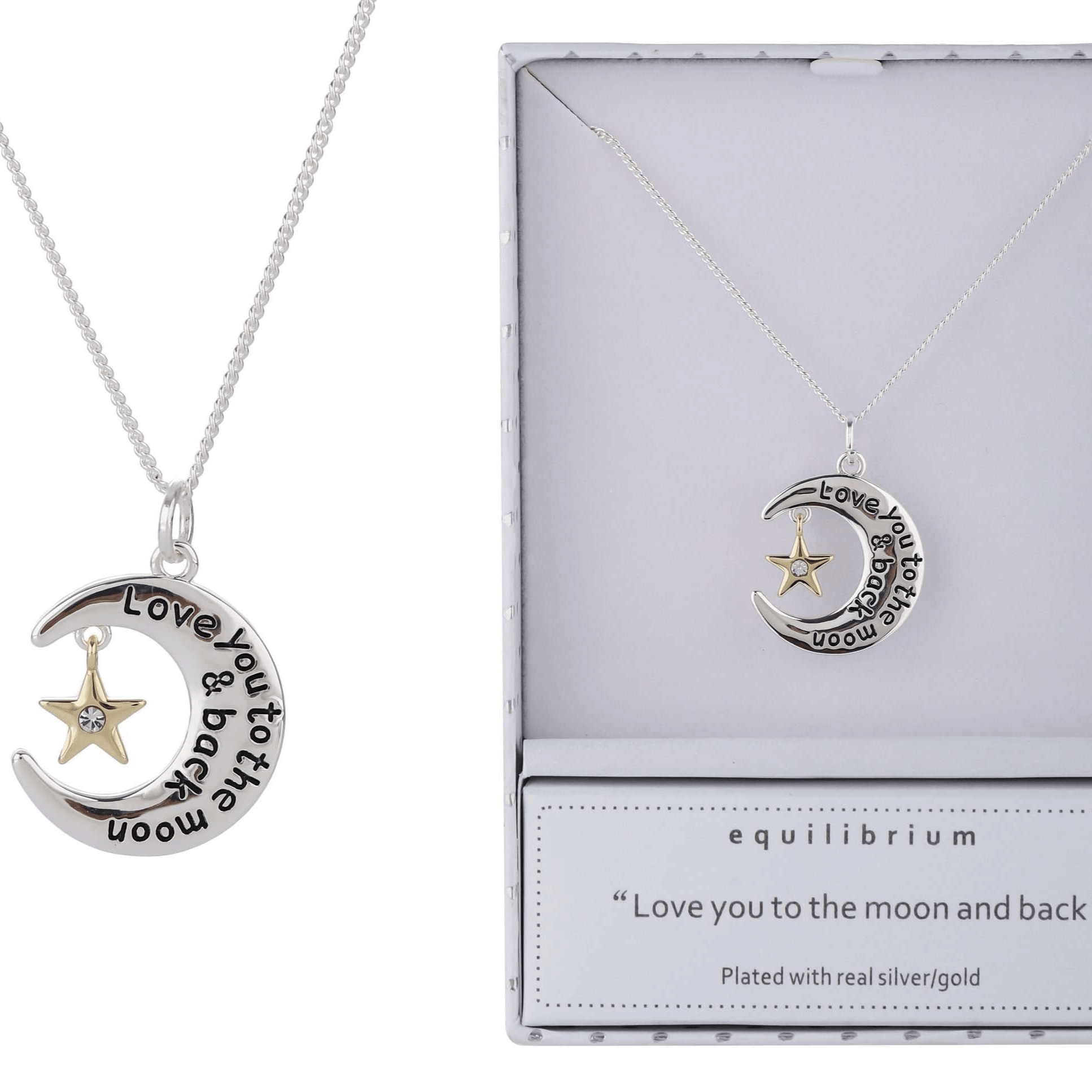 Equilibrium Moon Necklace Silver &amp; Gold

Plated with Real Silver &amp; Gold

1st Stop, Marshall's Health Shop, Gift Shop!

SKU: EQ9