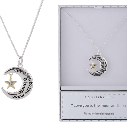 Equilibrium Moon Necklace Silver &amp; Gold

Plated with Real Silver &amp; Gold

1st Stop, Marshall's Health Shop, Gift Shop!

SKU: EQ9