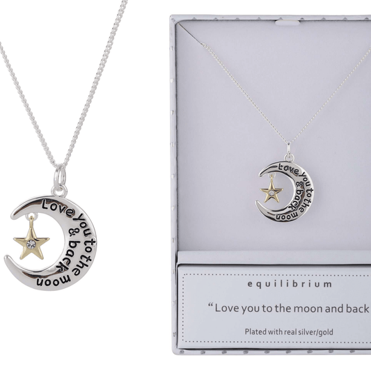 Equilibrium Moon Necklace Silver &amp; Gold

Plated with Real Silver &amp; Gold

1st Stop, Marshall's Health Shop, Gift Shop!

SKU: EQ9