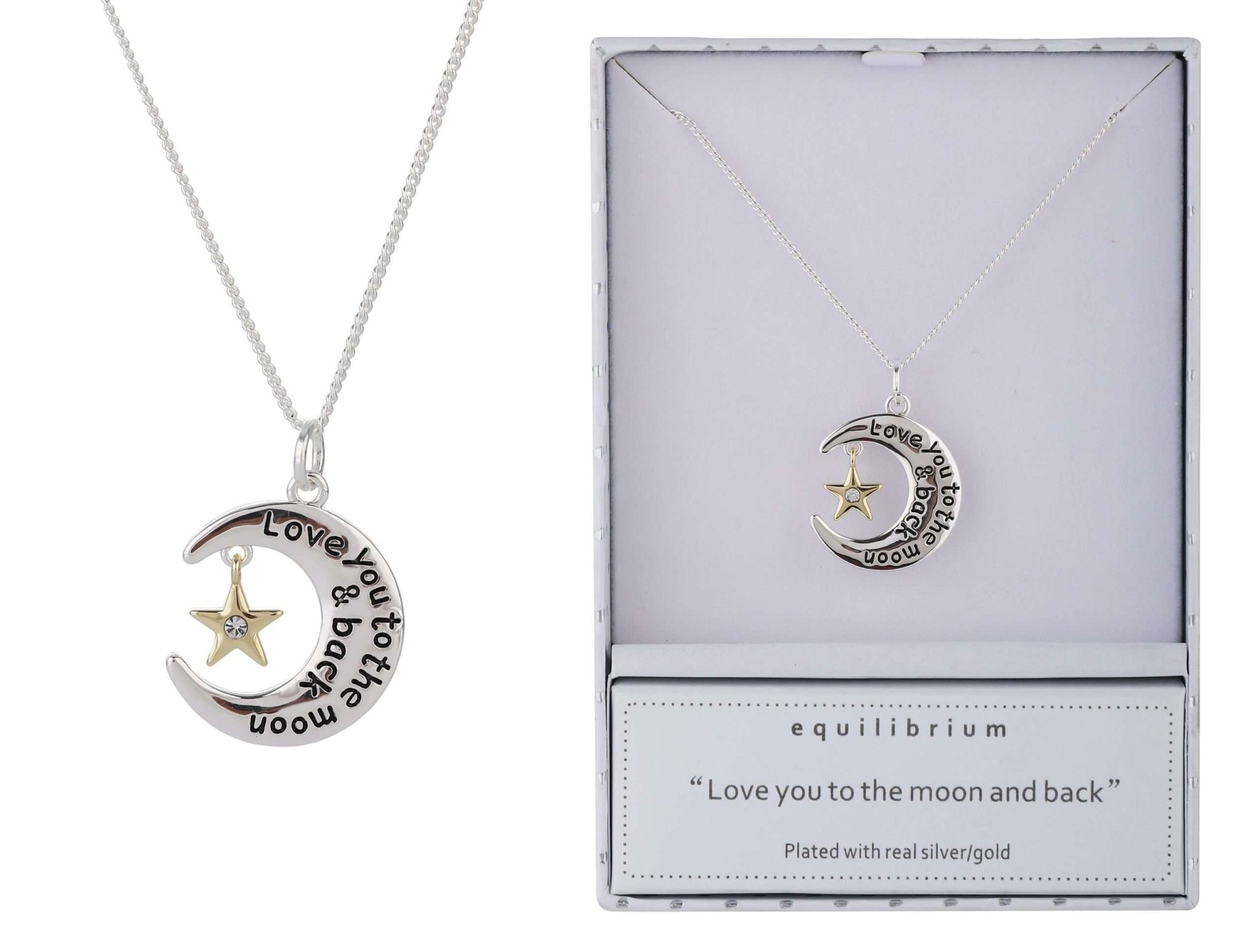 Equilibrium Moon Necklace Silver &amp; Gold

Plated with Real Silver &amp; Gold

1st Stop, Marshall's Health Shop, Gift Shop!

SKU: EQ9