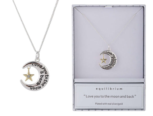 Equilibrium Moon Necklace Silver &amp; Gold

Plated with Real Silver &amp; Gold

1st Stop, Marshall's Health Shop, Gift Shop!

SKU: EQ9
