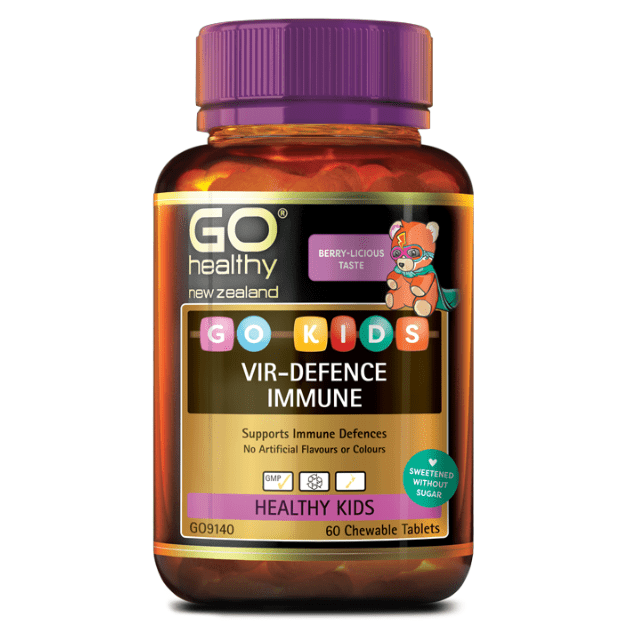 GO KIDS VIR-DEFENCE IMMUNE is a great tasting berry-licious chewable tablet, designed specifically to support children’s immune health. GO Kids Vir-Defence Immune contains a combination of Vitamin C, D; Zinc, Echinacea and Elderberry to help support a healthy immune system and the body’s natural immune defences.