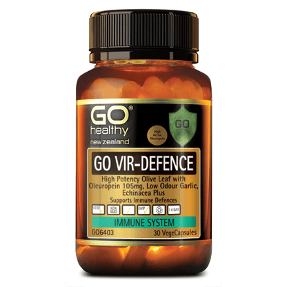 GO VIR-DEFENCE contains high strength Olive leaf, providing 105mg of active oleuropein per capsule, along with other essential immune supporting ingredients including Echinacea, Garlic, Zinc and Vitamin C. GO Vir-Defence supports a healthy immune system and the body’s natural defences.