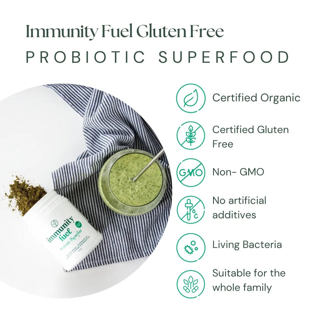 Immunity Fuel Probiotic Superfood 150g Powder Gluten Free

Premium gluten free, certified organic fermented whole foods with probiotics &amp; prebiotics to support gut &amp; digestive health and overall wellbeing. 50 serves

The Simple Solution to Gut Health &amp; Digestive Wellbeing

Support your gut health naturally with Immunity Fuel GF Probiotic Superfood Powder — our premium, certified gluten free formula providing a powerful yet gentle probiotic solution.
1st Stop, Marshall's Health Shop!