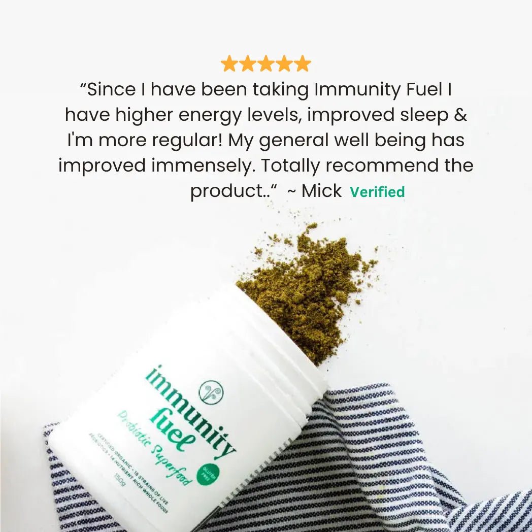 Immunity Fuel Probiotic Superfood 150g Powder Gluten Free

Premium gluten free, certified organic fermented whole foods with probiotics &amp; prebiotics to support gut &amp; digestive health and overall wellbeing. 50 serves

The Simple Solution to Gut Health &amp; Digestive Wellbeing

Support your gut health naturally with Immunity Fuel GF Probiotic Superfood Powder — our premium, certified gluten free formula providing a powerful yet gentle probiotic solution.
1st Stop, Marshall's Health Shop!