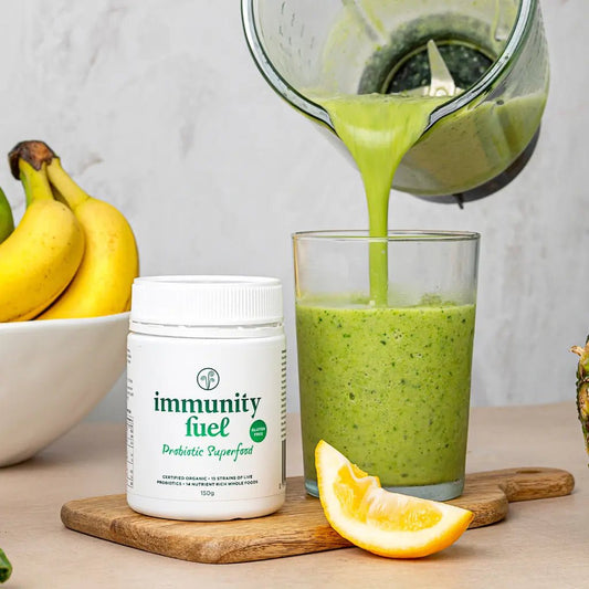 Immunity Fuel Probiotic Superfood 150g Powder Gluten Free

Premium gluten free, certified organic fermented whole foods with probiotics &amp; prebiotics to support gut &amp; digestive health and overall wellbeing. 50 serves

The Simple Solution to Gut Health &amp; Digestive Wellbeing

Support your gut health naturally with Immunity Fuel GF Probiotic Superfood Powder — our premium, certified gluten free formula providing a powerful yet gentle probiotic solution.
1st Stop, Marshall's Health Shop!