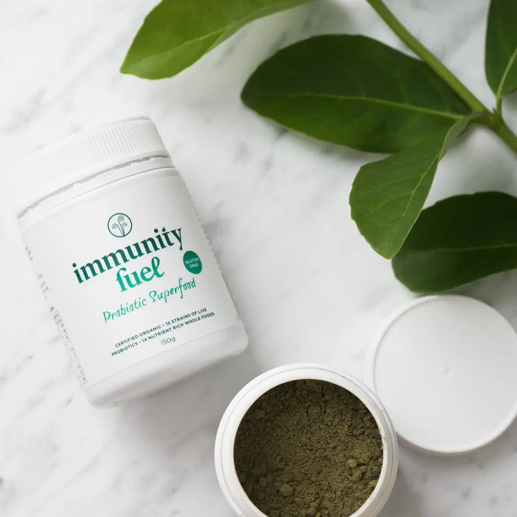 Immunity Fuel Probiotic Superfood 150g Powder Gluten Free

Premium gluten free, certified organic fermented whole foods with probiotics &amp; prebiotics to support gut &amp; digestive health and overall wellbeing. 50 serves

The Simple Solution to Gut Health &amp; Digestive Wellbeing

Support your gut health naturally with Immunity Fuel GF Probiotic Superfood Powder — our premium, certified gluten free formula providing a powerful yet gentle probiotic solution.
1st Stop, Marshall's Health Shop!