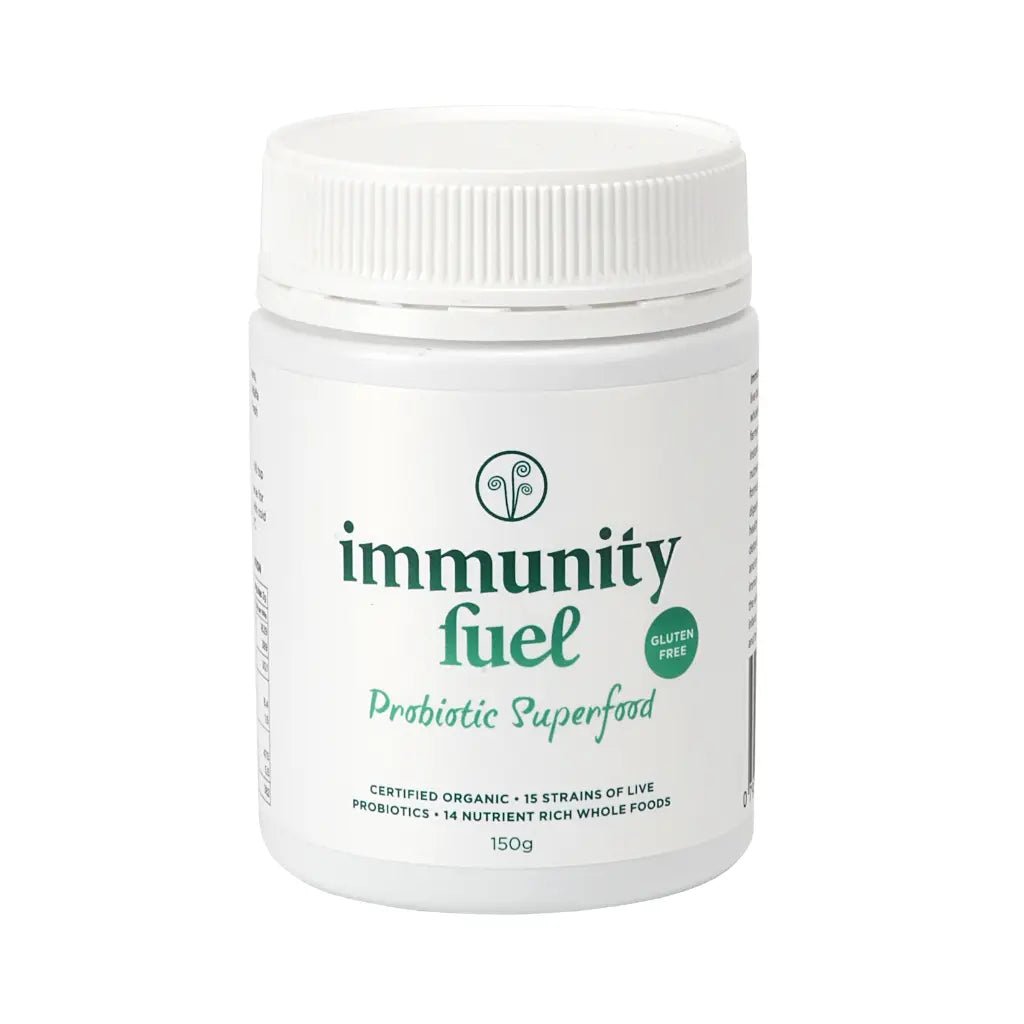 Immunity Fuel Probiotic Superfood 150g Powder Gluten Free

Premium gluten free, certified organic fermented whole foods with probiotics &amp; prebiotics to support gut &amp; digestive health and overall wellbeing. 50 serves

The Simple Solution to Gut Health &amp; Digestive Wellbeing

Support your gut health naturally with Immunity Fuel GF Probiotic Superfood Powder — our premium, certified gluten free formula providing a powerful yet gentle probiotic solution.
1st Stop, Marshall's Health Shop!