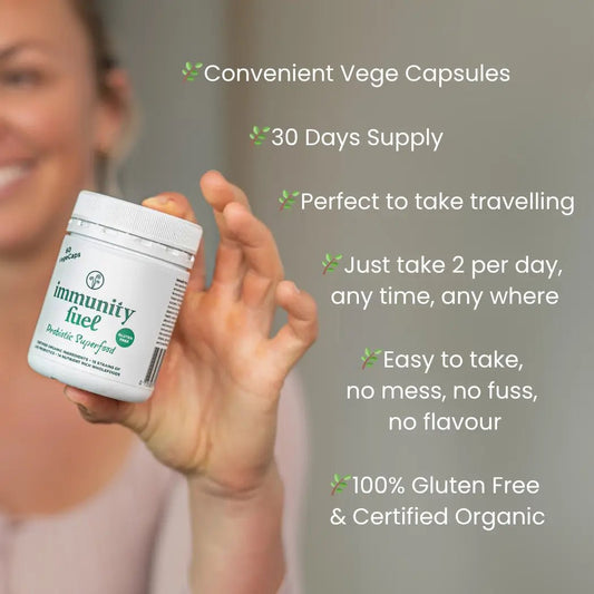 Immunity Fuel Probiotic Superfood Gluten Free 60 Vege Caps

Restore gut balance with billions of live bacteria, organic prebiotics, and fermented wholefoods in convenient plant-based vegecaps. 1 month supply - take 2 per day.

Digestive harmony made simple.

Powerful probiotic + prebiotic support made easy - gluten free, 100% natural, and ready to go in convenient plant based capsules.
1st Stop, Marshall's Health Shop!