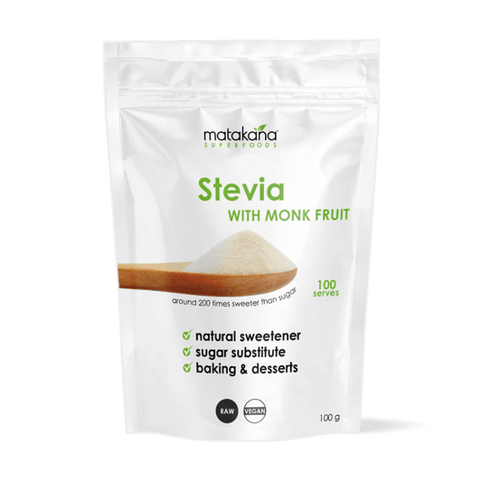 Matakana Organic Stevia with Monk Fruit Powder 100g - 1st Stop Marshall's Health Shop, Gift Shop! - Heath and Natural Therapy New Brighton Christchurch - Naturopath